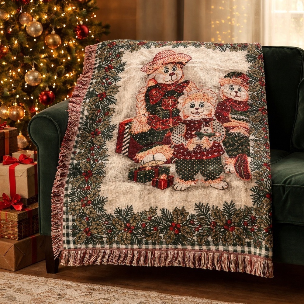 Vtg Goodwin Weaver 100% Cotton Tapestry Throw Blanket 46x52 USA Bear Family EUC